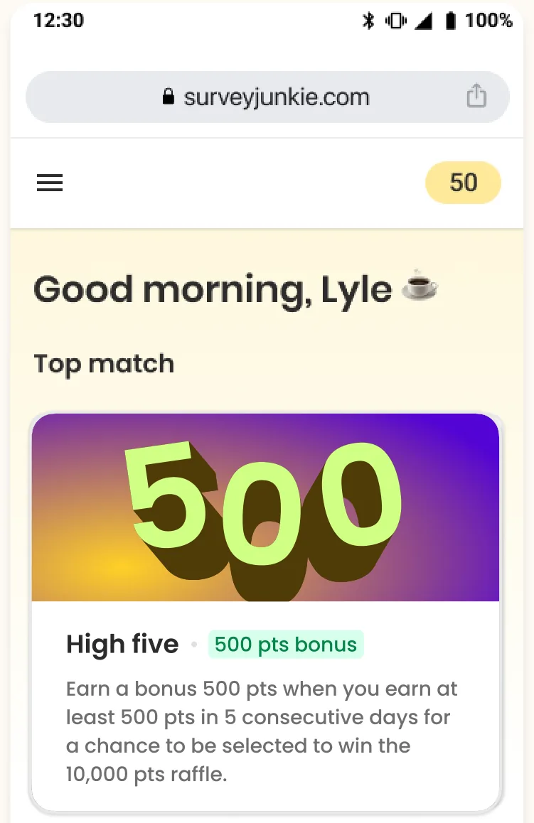 The Survey Junkie mobile home screen with a High five card offering a 500-point bonus for earning at least 500 points in 5 consecutive days and a chance at a 10,000-point raffle. The card shows no progress.
