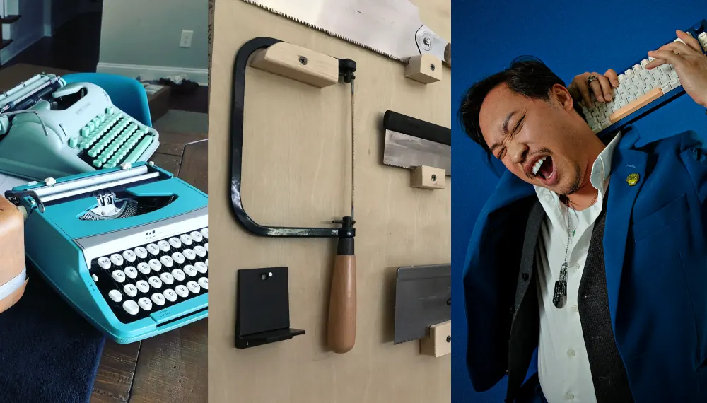 A teal typewriter, a wall of hand saws, and a portrait of Khoa holding a mechanical keyboard