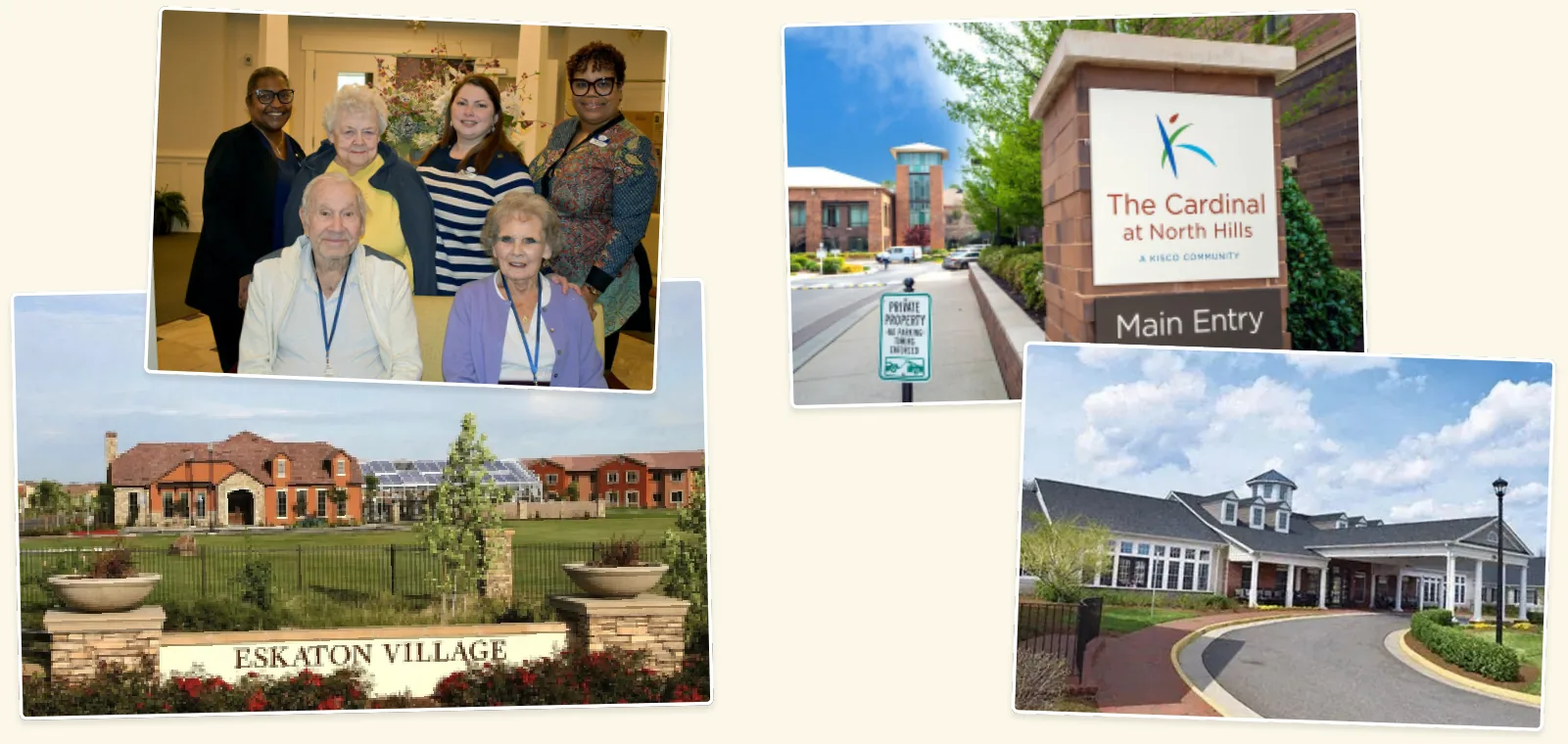 A collage of research photos: residents and staff posing together indoors, and the exteriors and entrance signs of several senior living communities.