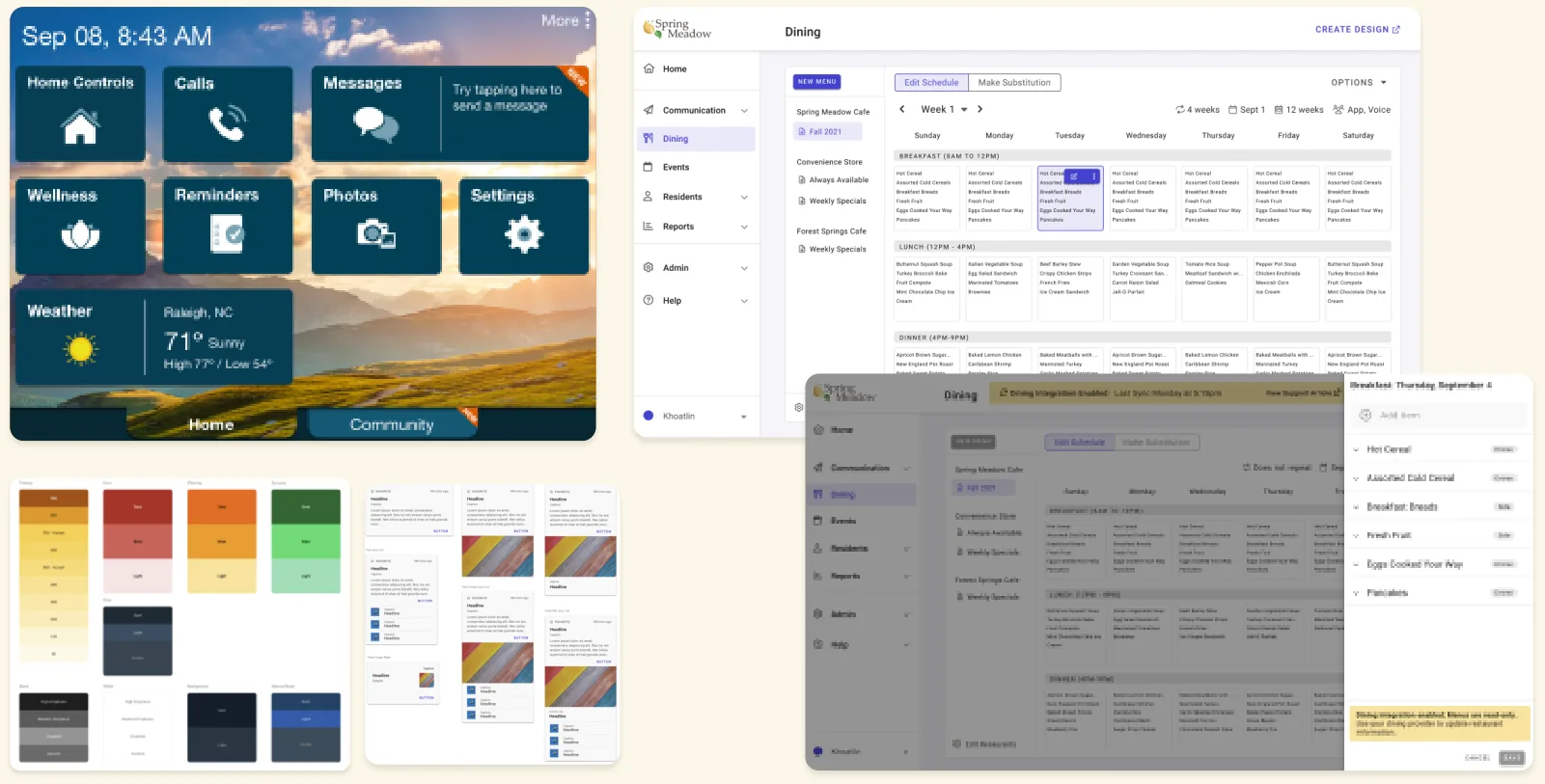 Sample screens from the K4Connect products: a resident home screen with tiles for calls, messages, photos, and weather over a mountain photo, color and icon samples from the design system, and staff dashboard screens with calendars and tables.