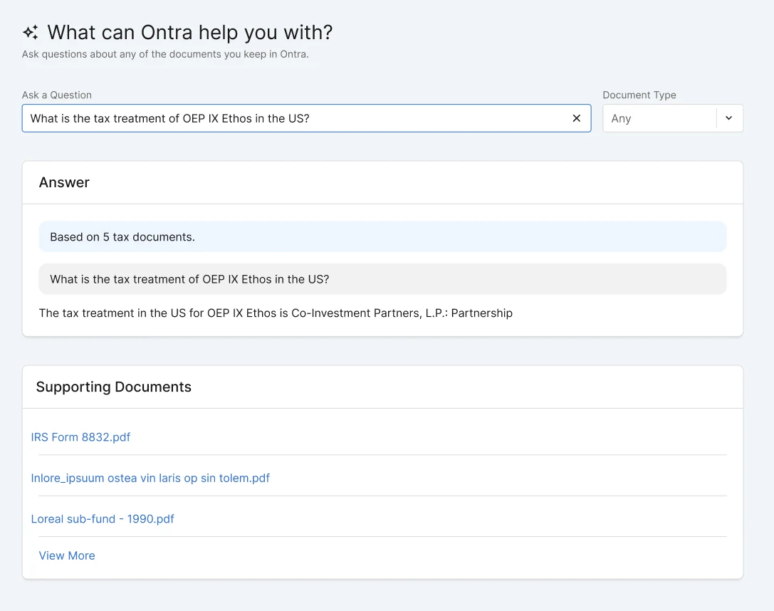 The legacy Obligations AI Search screen: one question about the tax treatment of OEP IX Ethos, a one-line answer based on 5 tax documents, and a list of supporting document links