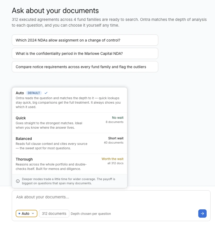 The Ask about your documents screen with the search effort menu open. Auto is the default and matches depth to each question. Quick reads 8 documents with no wait, Balanced reads 40 with a short wait, and Thorough reads all 312 and is labelled worth the wait.